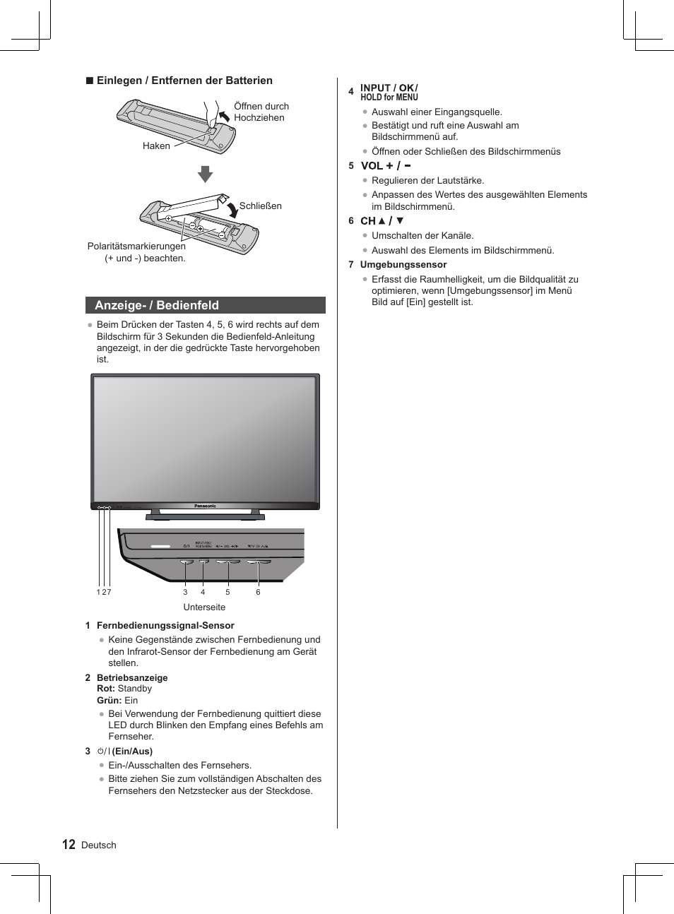 Anzeige- / bedienfeld | Panasonic TX32AS520E User Manual | Page 114 / 224