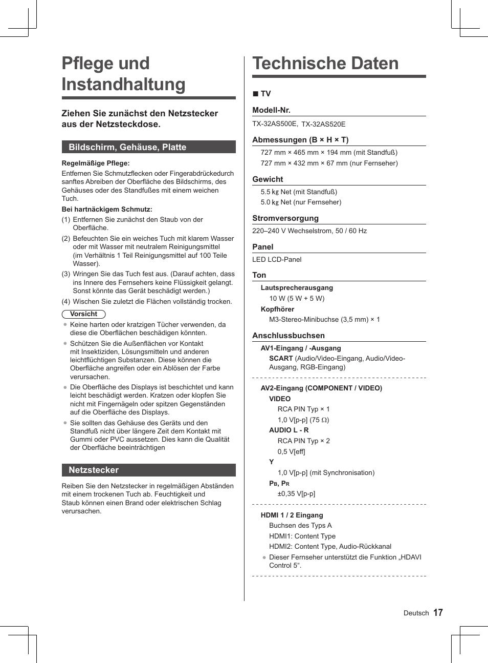 Technische daten, Pflege und instandhaltung | Panasonic TX32AS520E User Manual | Page 119 / 224
