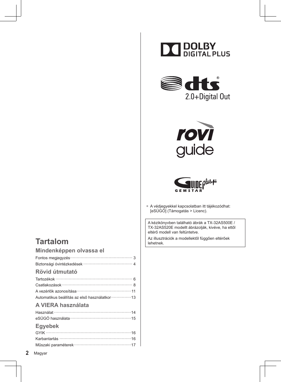 Tartalom, Mindenképpen olvassa el, Rövid útmutató | A viera használata, Egyebek | Panasonic TX32AS520E User Manual | Page 124 / 224