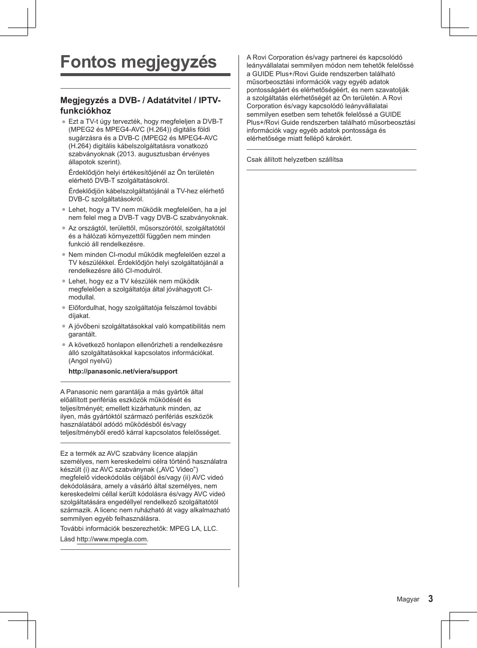 Fontos megjegyzés | Panasonic TX32AS520E User Manual | Page 125 / 224