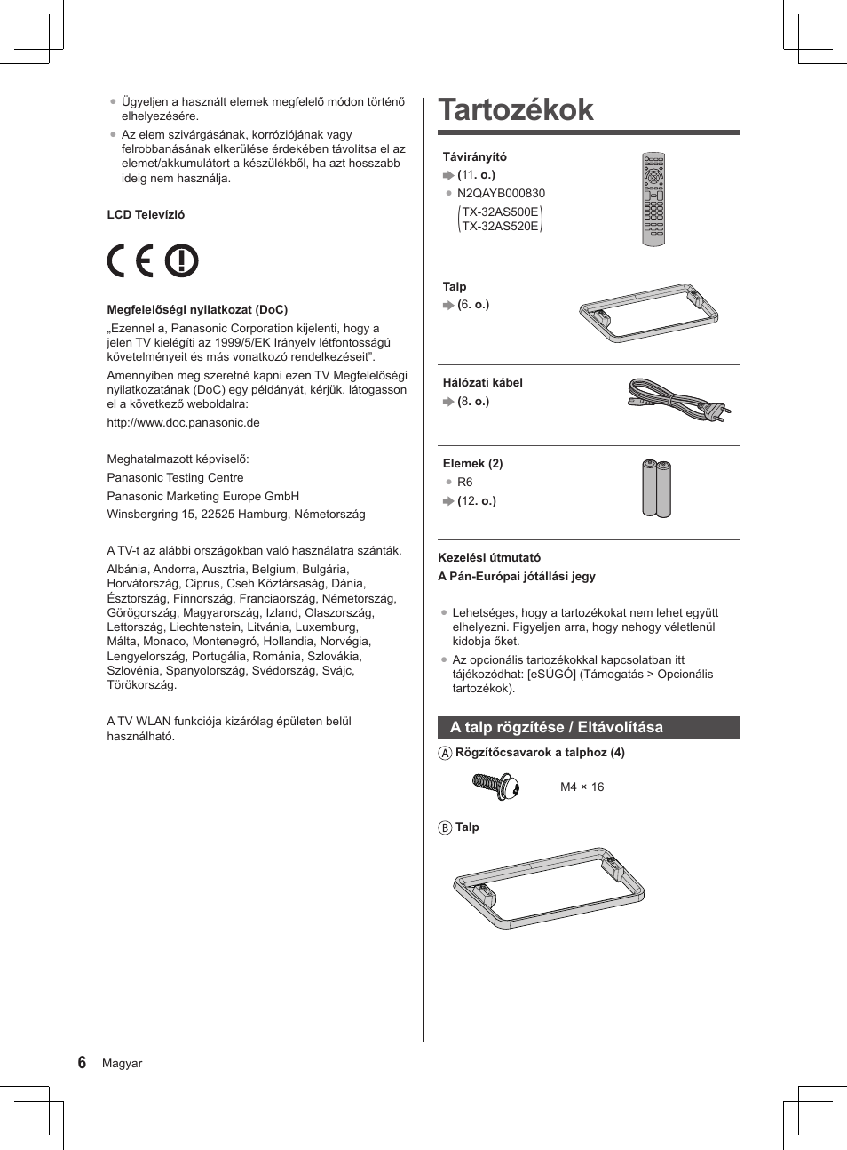 Tartozékok | Panasonic TX32AS520E User Manual | Page 128 / 224