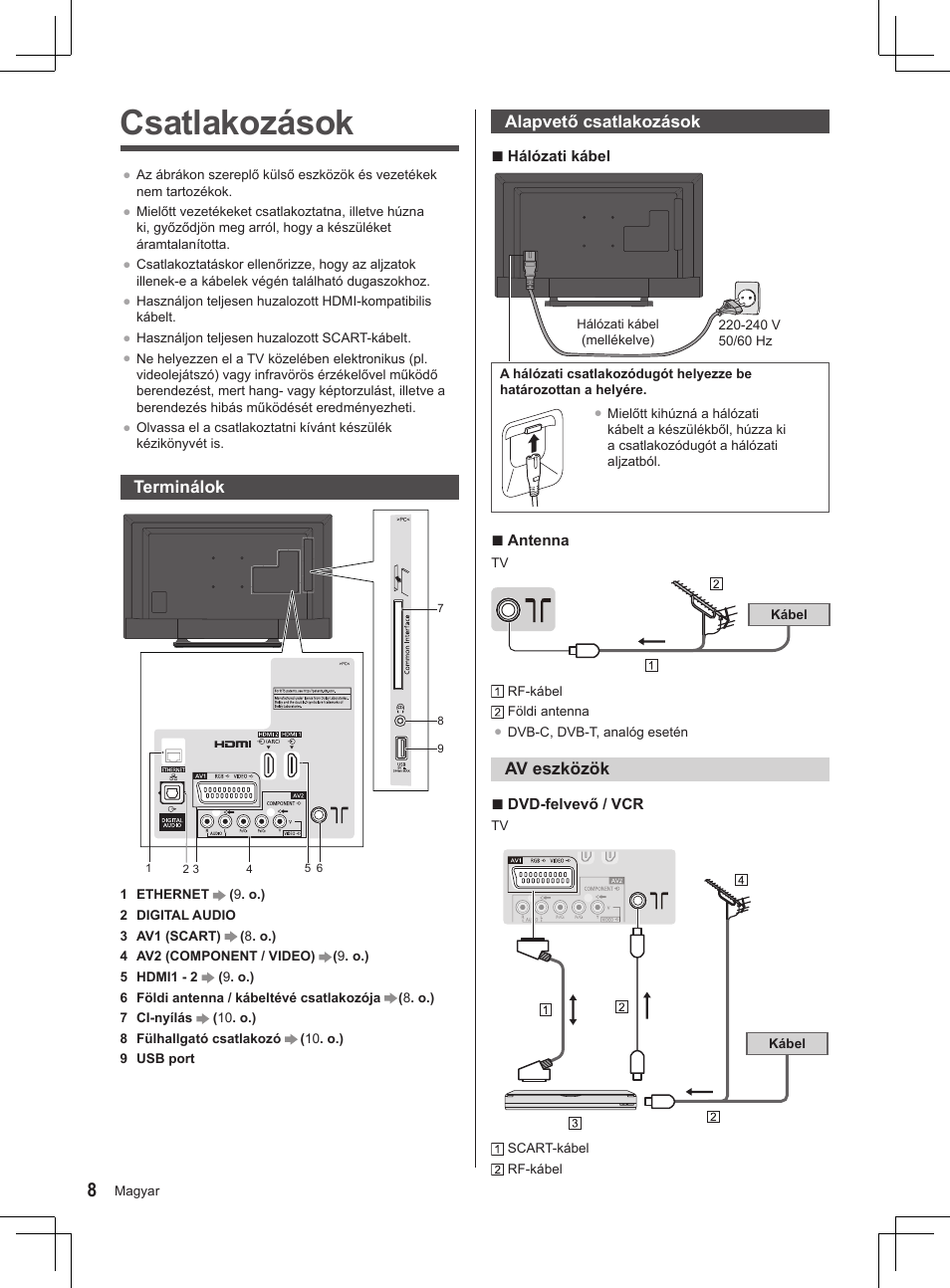 8 . o.), Csatlakozások | Panasonic TX32AS520E User Manual | Page 130 / 224
