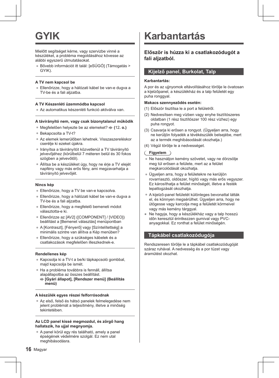 Karbantartás, Gyik | Panasonic TX32AS520E User Manual | Page 138 / 224