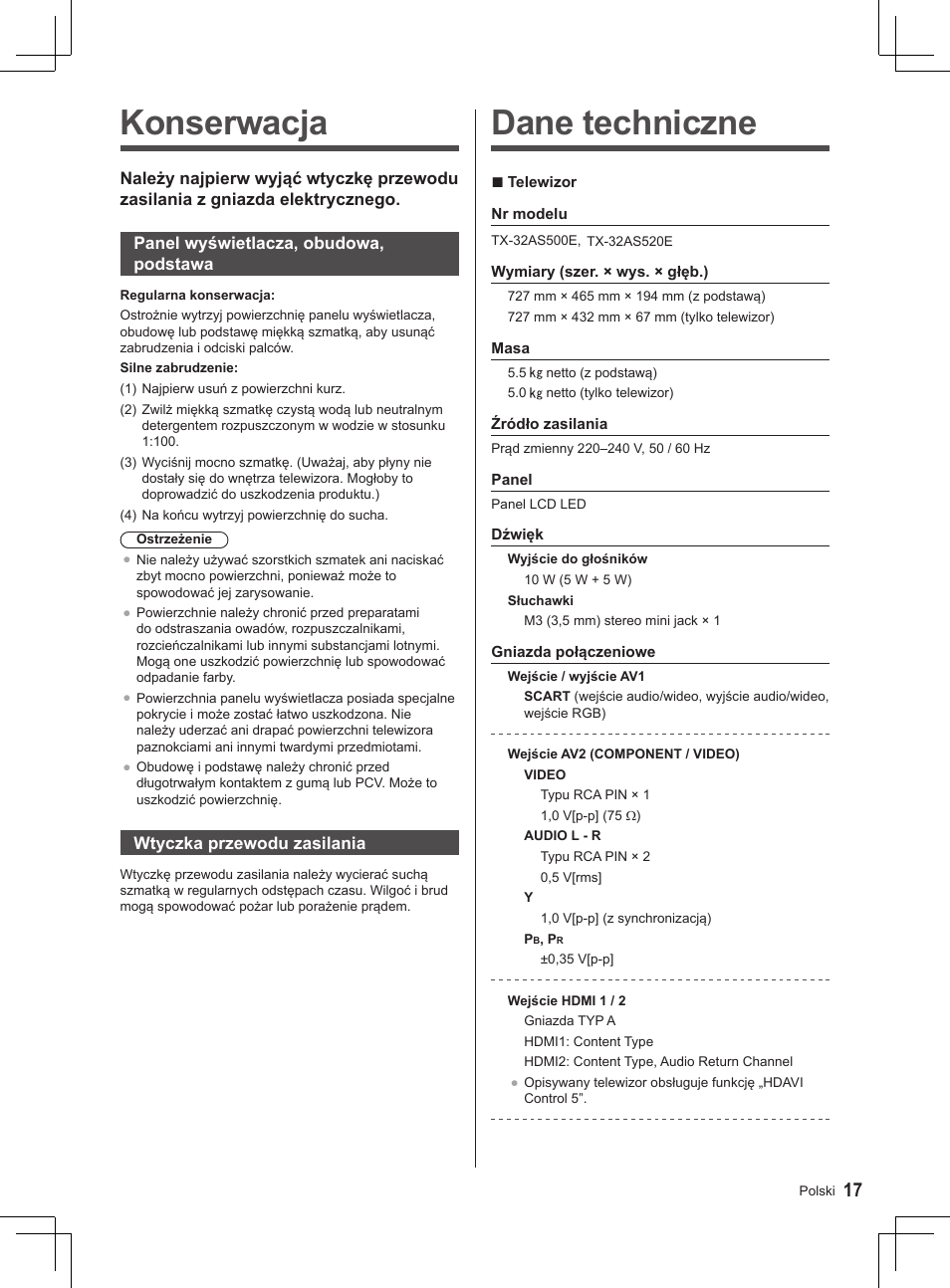 Dane techniczne, Konserwacja | Panasonic TX32AS520E User Manual | Page 179 / 224