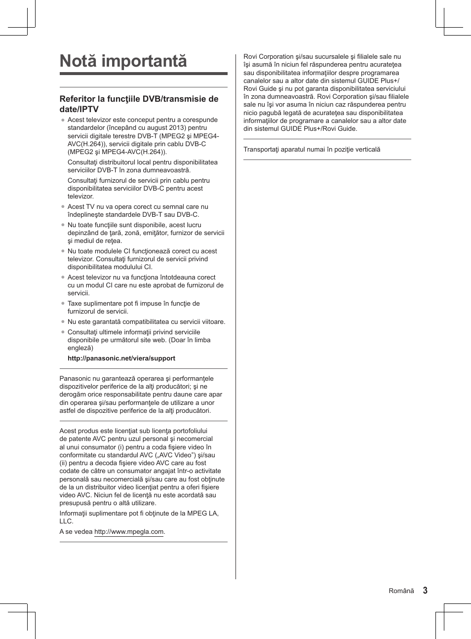 Notă importantă, Referitor la funcţiile dvb/transmisie de date/iptv | Panasonic TX32AS520E User Manual | Page 185 / 224