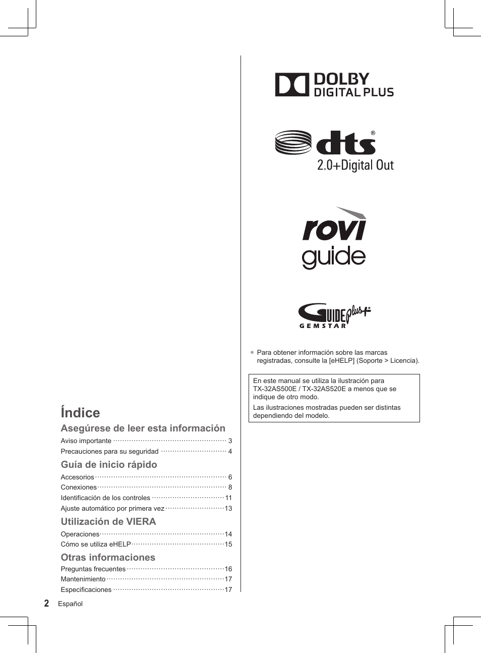 Índice, Asegúrese de leer esta información, Guía de inicio rápido | Utilización de viera, Otras informaciones | Panasonic TX32AS520E User Manual | Page 204 / 224