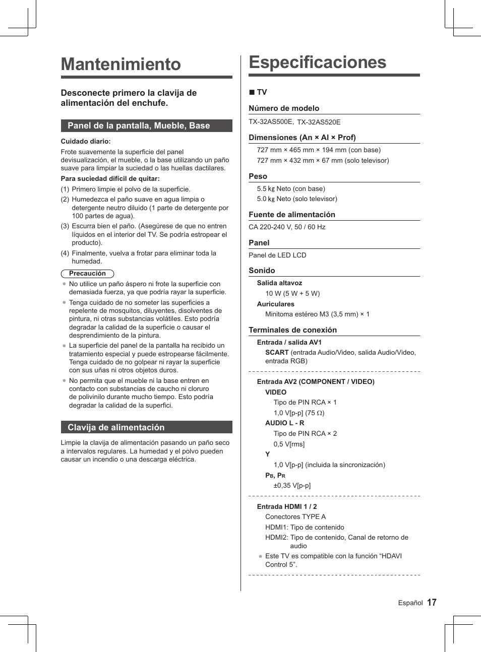 Especificaciones, Mantenimiento | Panasonic TX32AS520E User Manual | Page 219 / 224