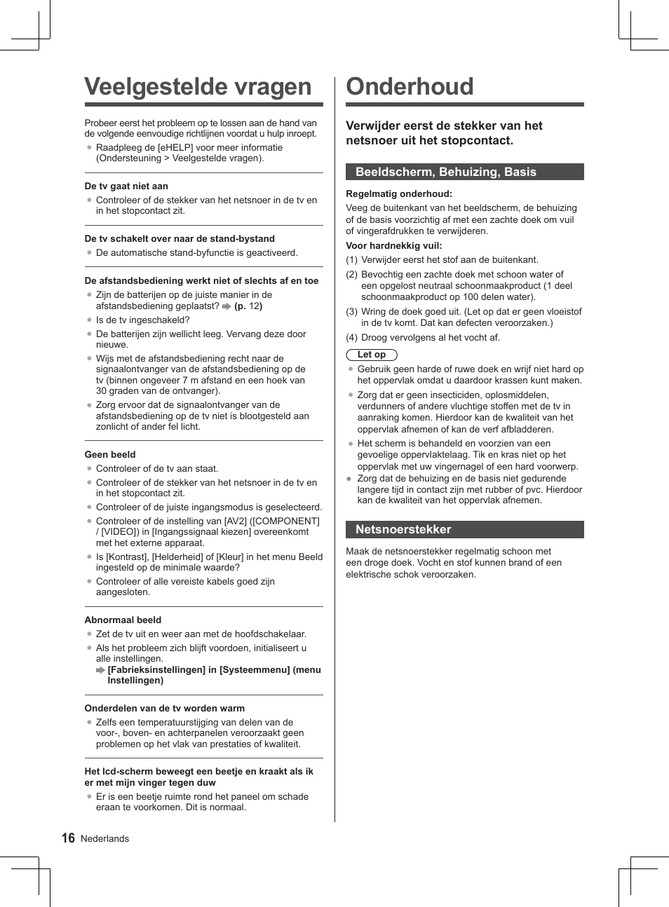 Onderhoud, Veelgestelde vragen | Panasonic TX32AS520E User Manual | Page 58 / 224