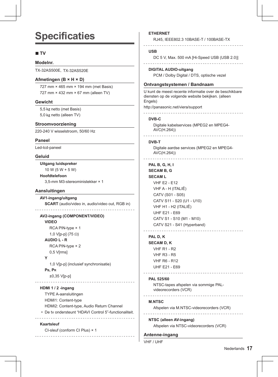 Specificaties | Panasonic TX32AS520E User Manual | Page 59 / 224