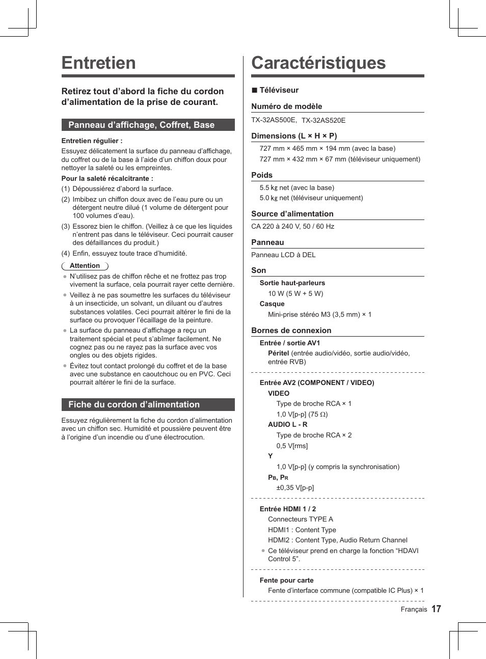 Caractéristiques, Entretien | Panasonic TX32AS520E User Manual | Page 99 / 224