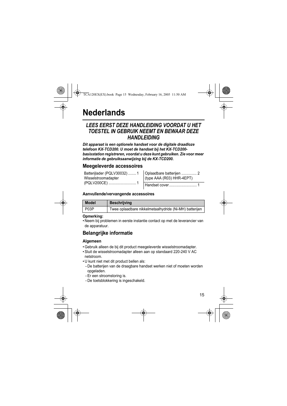 Nederlands | Panasonic KXTCA120EX User Manual | Page 15 / 60