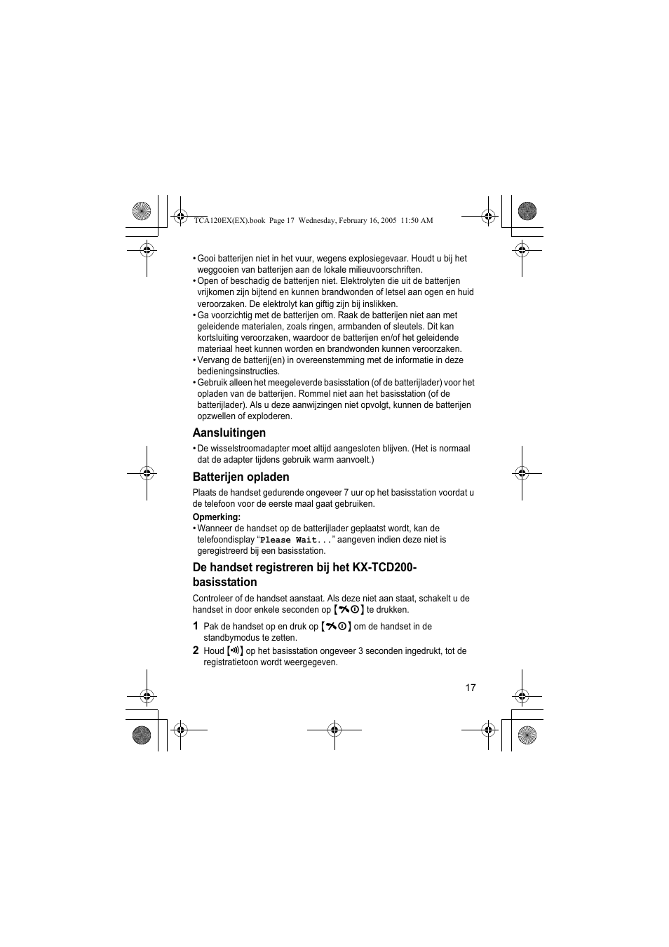 Aansluitingen, Batterijen opladen | Panasonic KXTCA120EX User Manual | Page 17 / 60