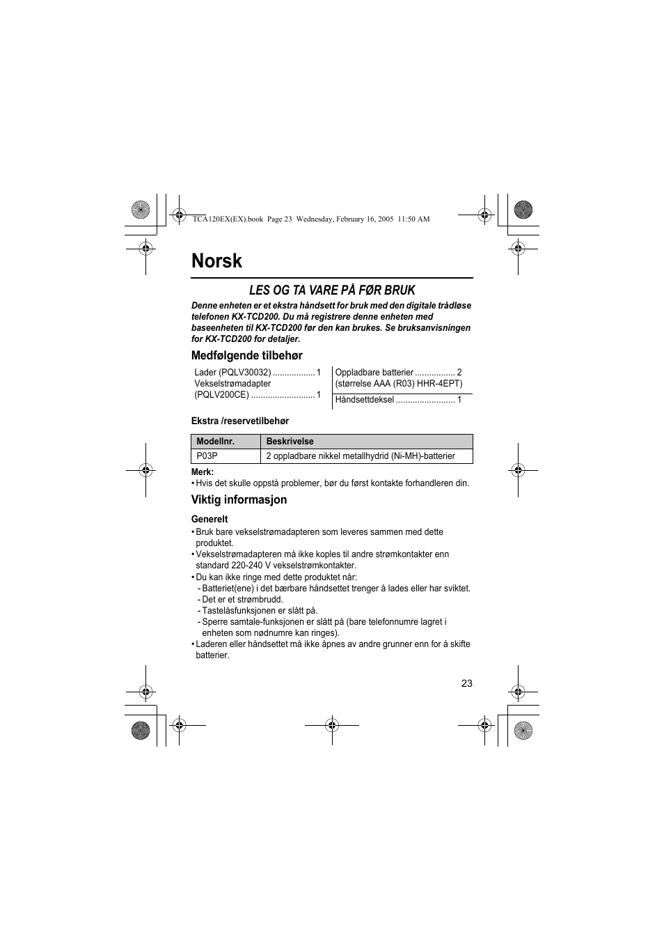 Norsk, Les og ta vare på før bruk | Panasonic KXTCA120EX User Manual | Page 23 / 60