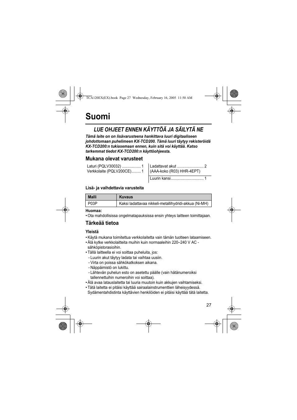 Suomi, Lue ohjeet ennen käyttöä ja säilytä ne | Panasonic KXTCA120EX User Manual | Page 27 / 60