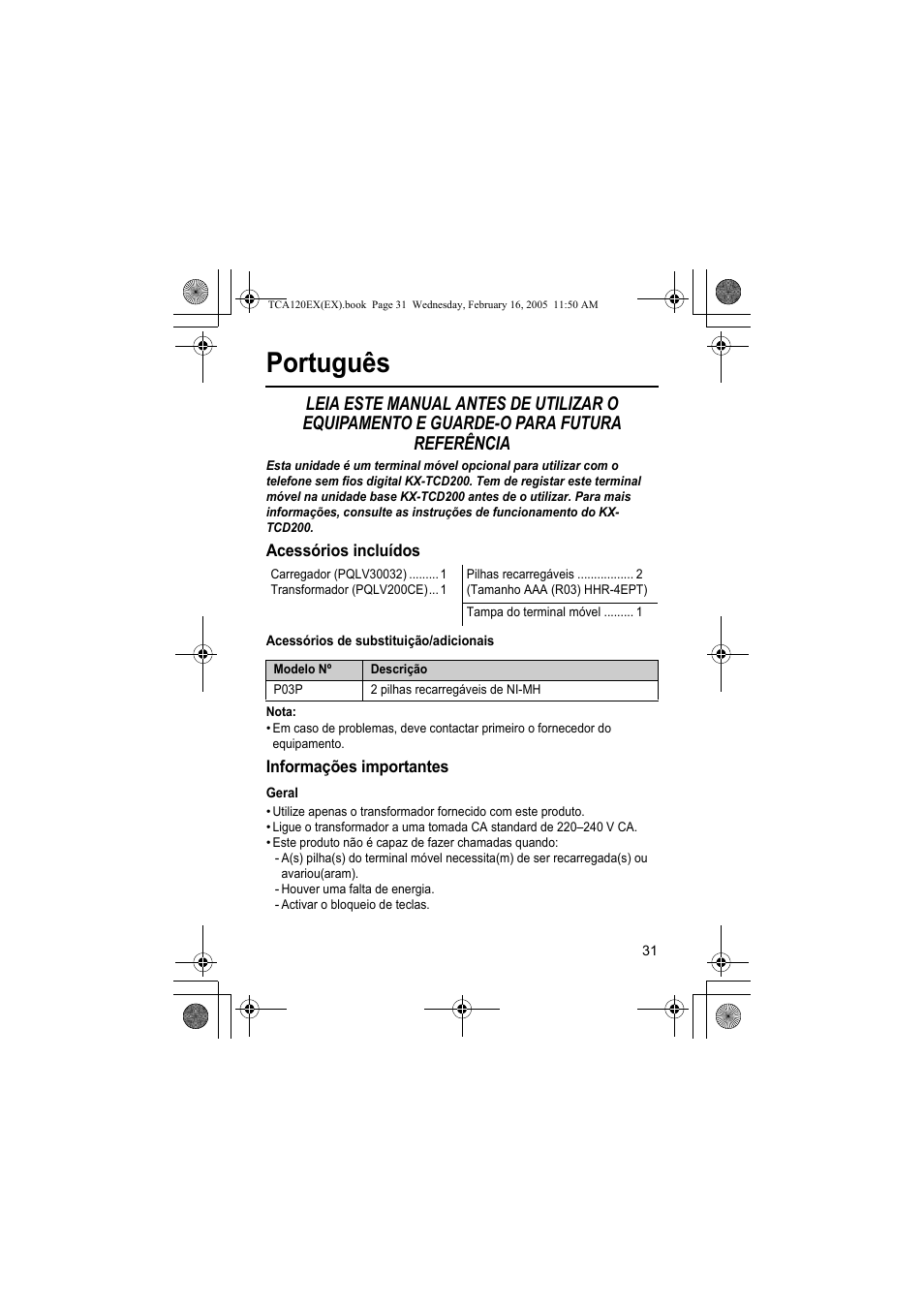 Português | Panasonic KXTCA120EX User Manual | Page 31 / 60