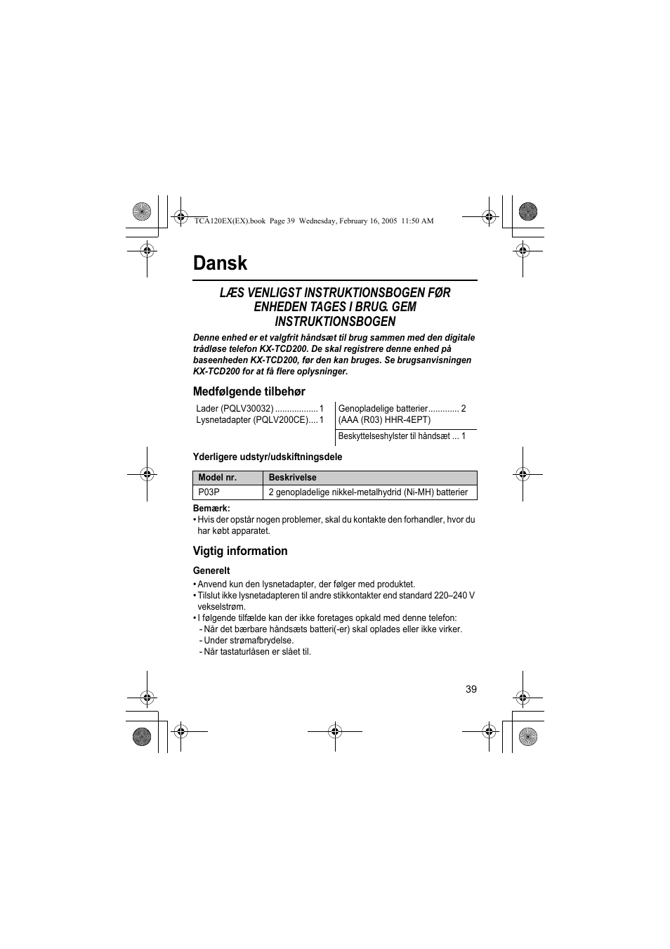 Dansk | Panasonic KXTCA120EX User Manual | Page 39 / 60