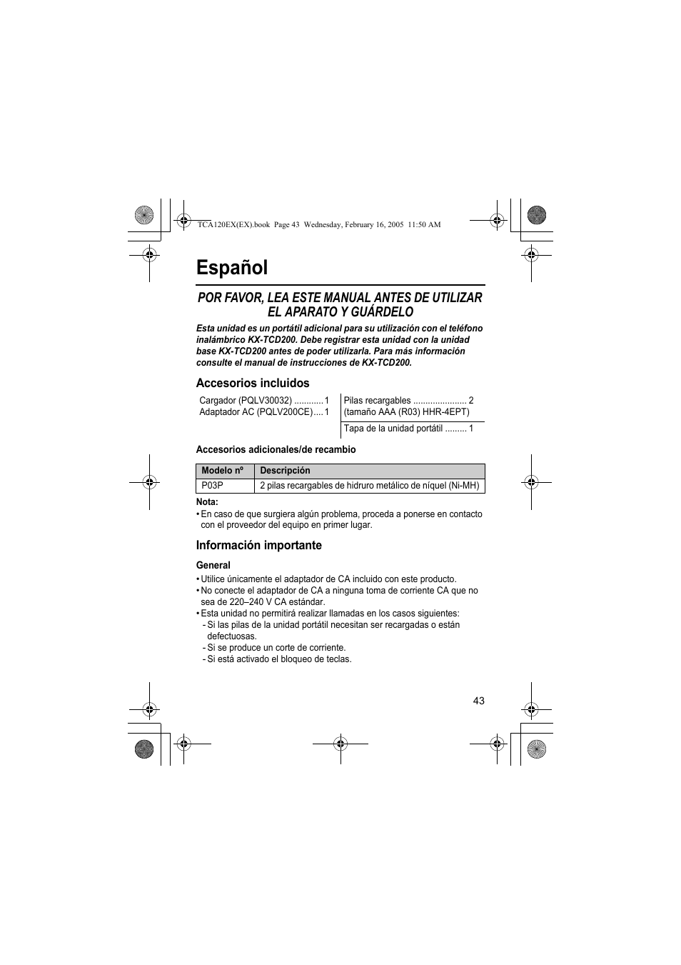 Español | Panasonic KXTCA120EX User Manual | Page 43 / 60