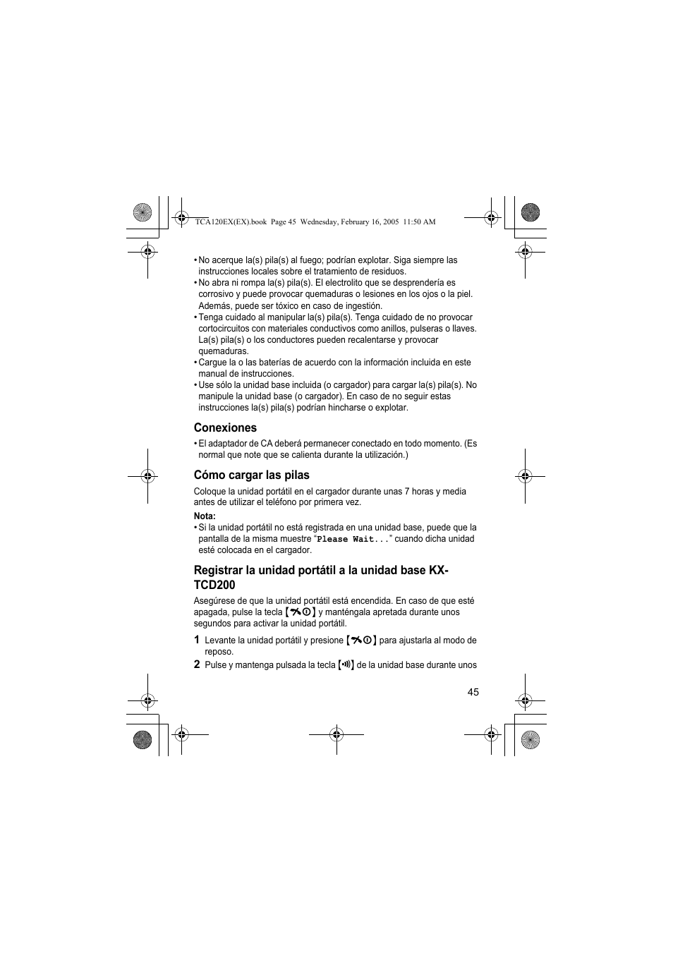 Conexiones, Cómo cargar las pilas | Panasonic KXTCA120EX User Manual | Page 45 / 60