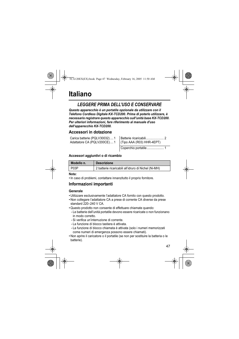 Italiano, Leggere prima dell’uso e conservare | Panasonic KXTCA120EX User Manual | Page 47 / 60