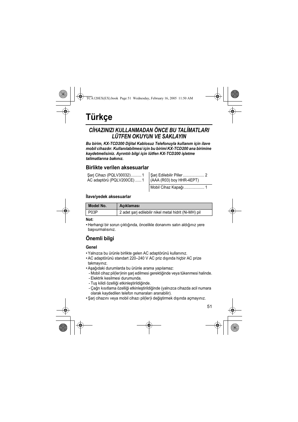 Türkçe | Panasonic KXTCA120EX User Manual | Page 51 / 60