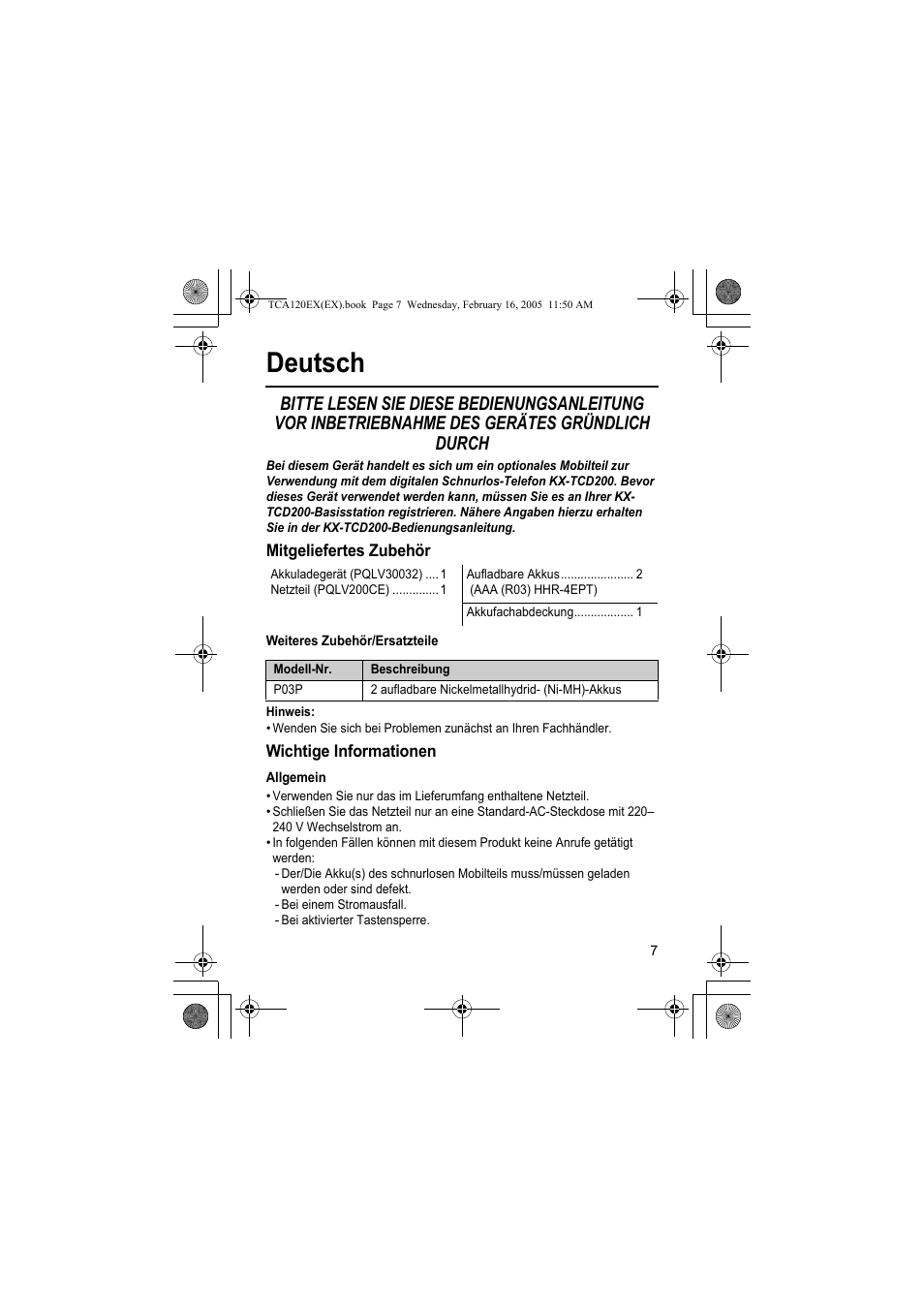 Deutsch | Panasonic KXTCA120EX User Manual | Page 7 / 60