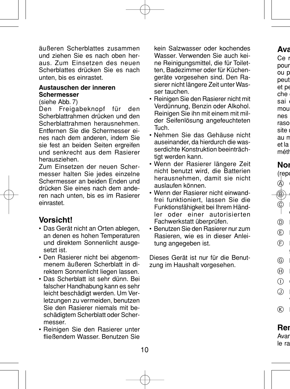 Vorsicht | Panasonic ES4815 User Manual | Page 10 / 60