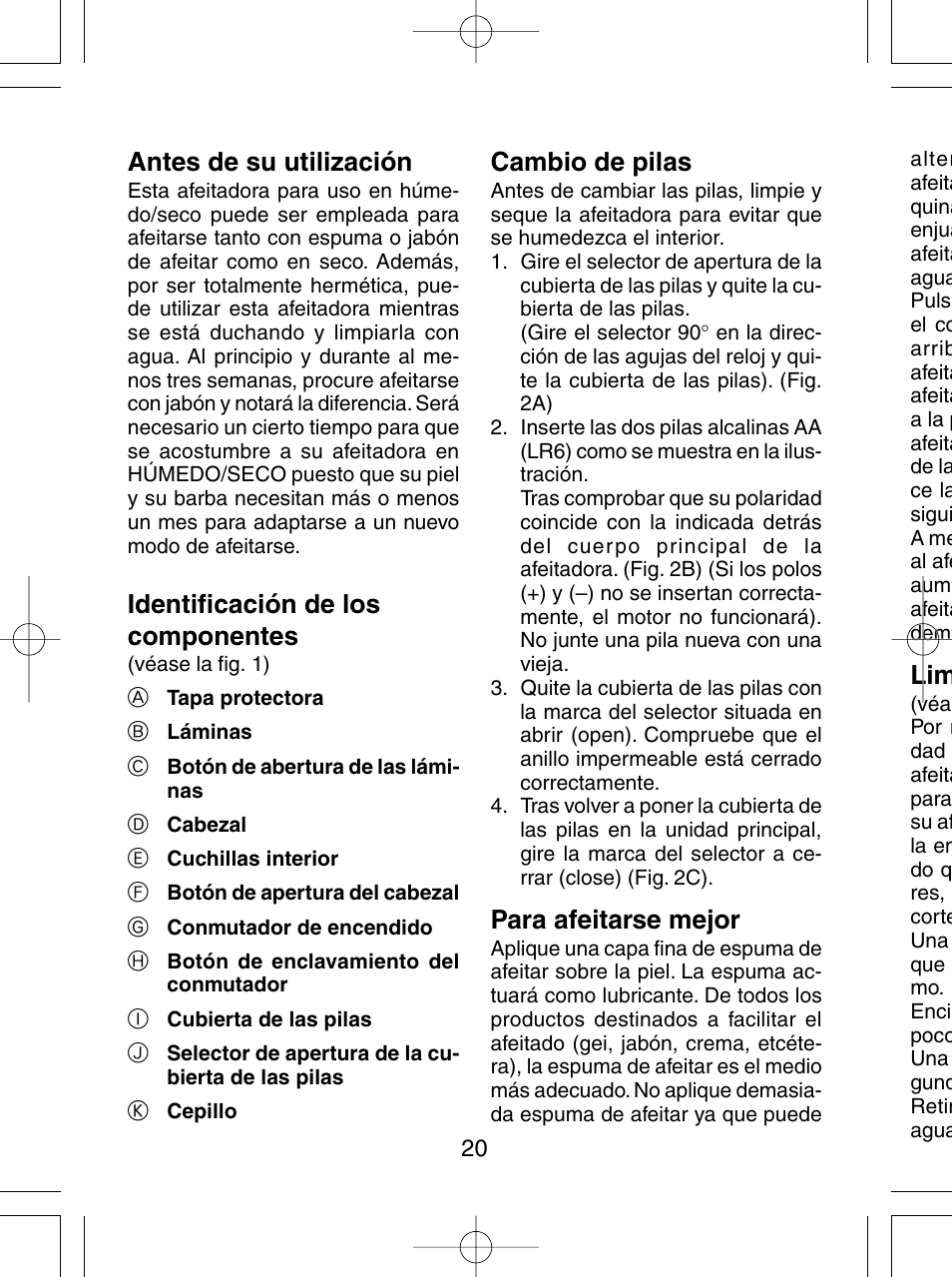 Antes de su utilización, Identificación de los componentes, Cambio de pilas | Para afeitarse mejor | Panasonic ES4815 User Manual | Page 20 / 60