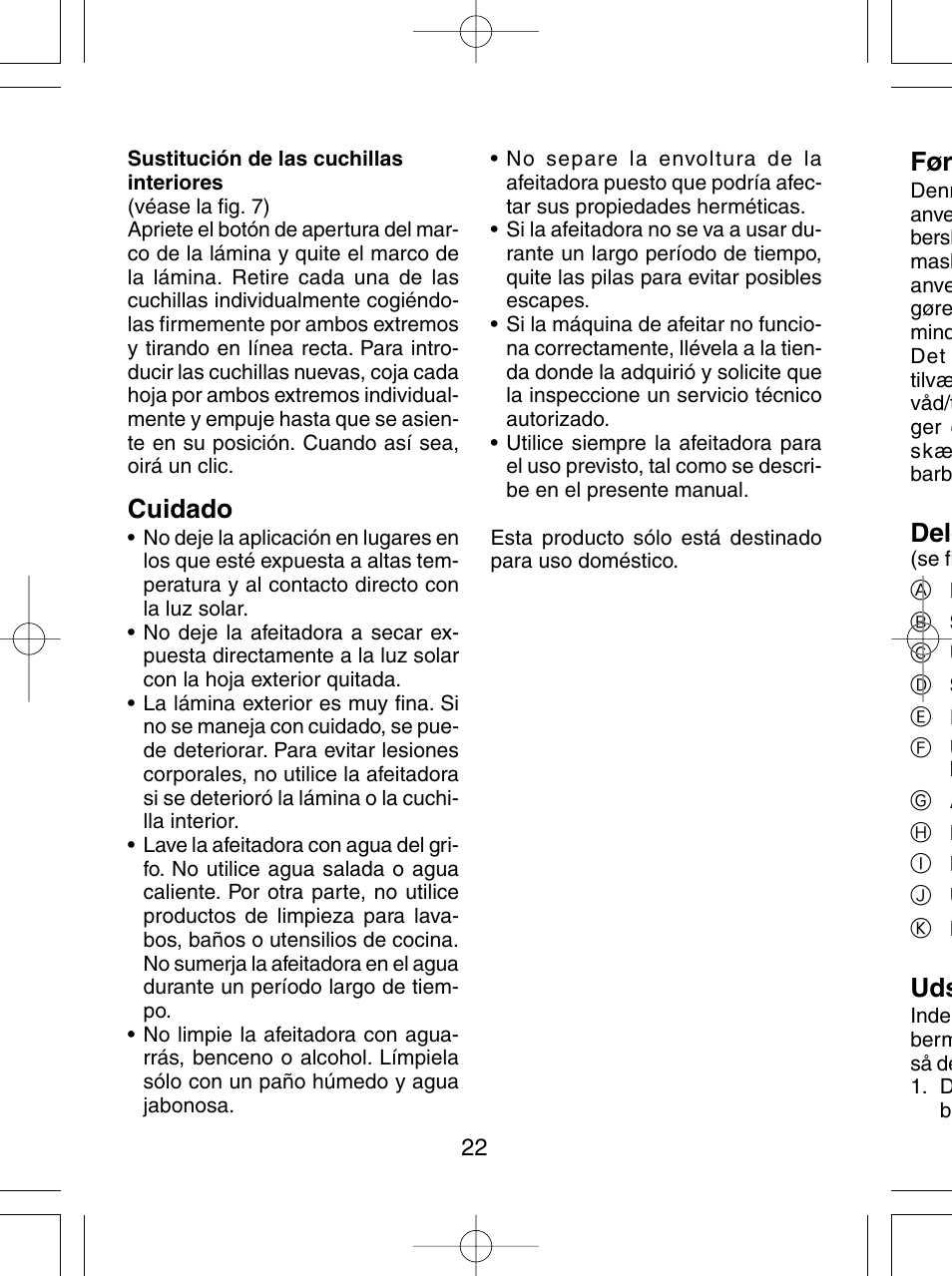 Cuidado, Dele | Panasonic ES4815 User Manual | Page 22 / 60