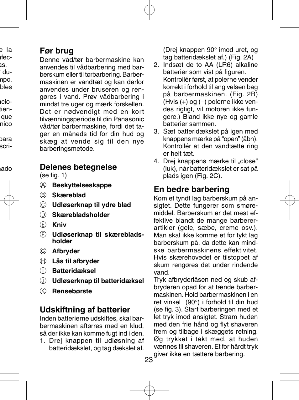 Før brug, Delenes betegnelse, Udskiftning af batterier | En bedre barbering | Panasonic ES4815 User Manual | Page 23 / 60