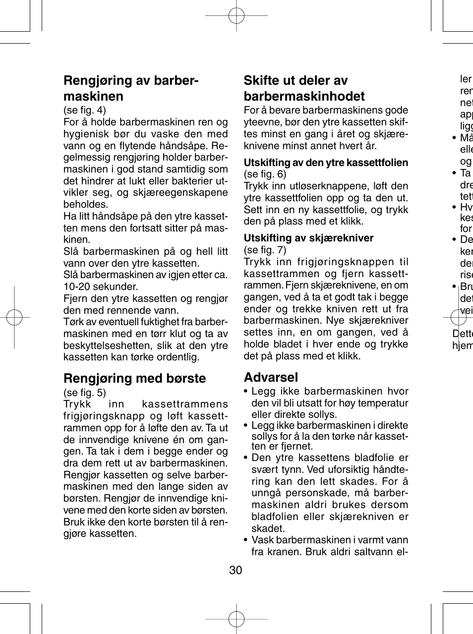 Rengjøring av barber- maskinen, Rengjøring med børste, Skifte ut deler av barbermaskinhodet | Advarsel | Panasonic ES4815 User Manual | Page 30 / 60