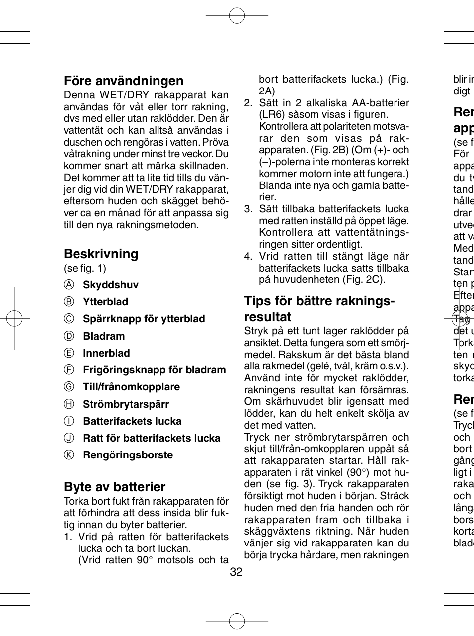 Före användningen, Beskrivning, Byte av batterier | Tips för bättre raknings- resultat, Ren app | Panasonic ES4815 User Manual | Page 32 / 60