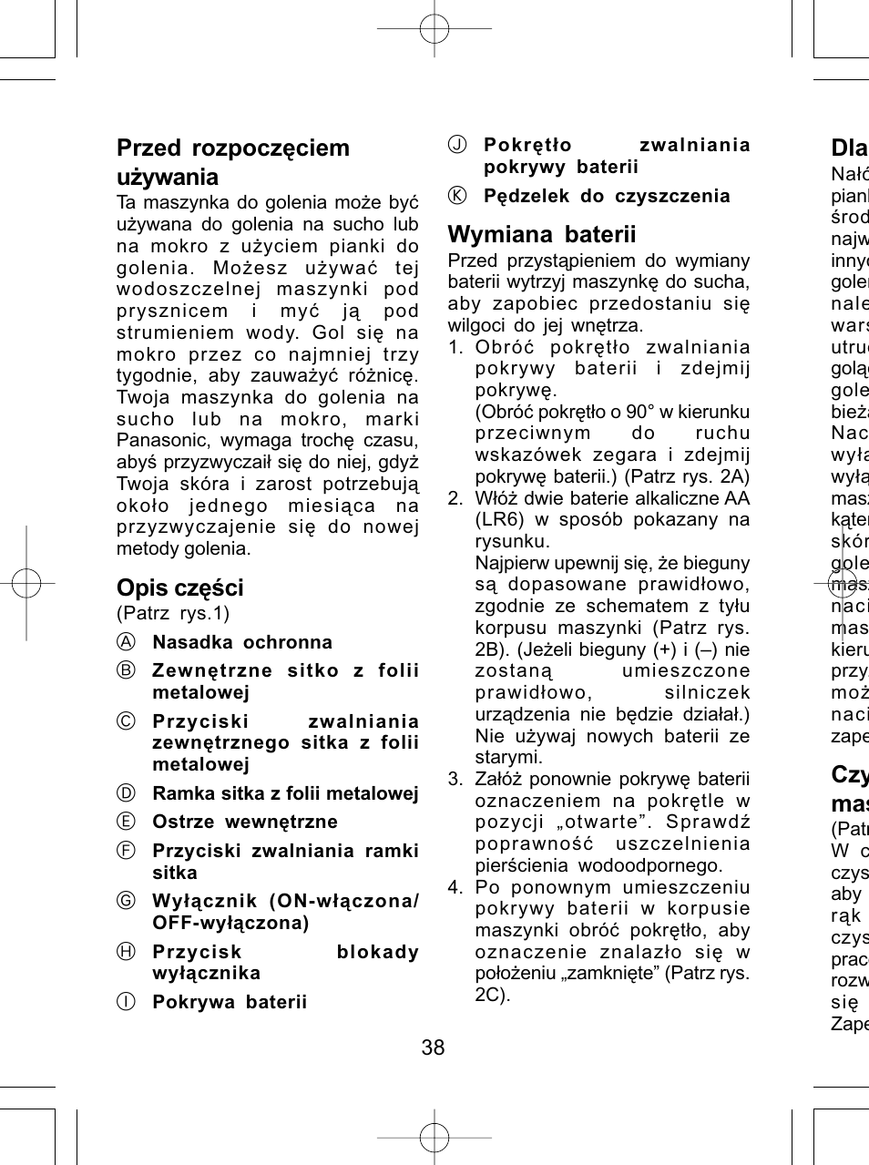 Przed rozpoczęciem używania, Opis części, Wymiana baterii | Czy mas | Panasonic ES4815 User Manual | Page 38 / 60