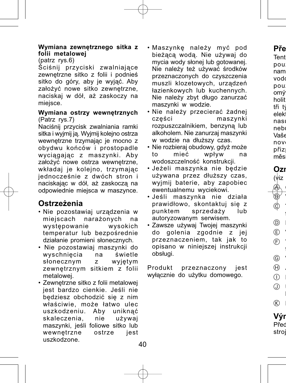 Ostrzeżenia | Panasonic ES4815 User Manual | Page 40 / 60