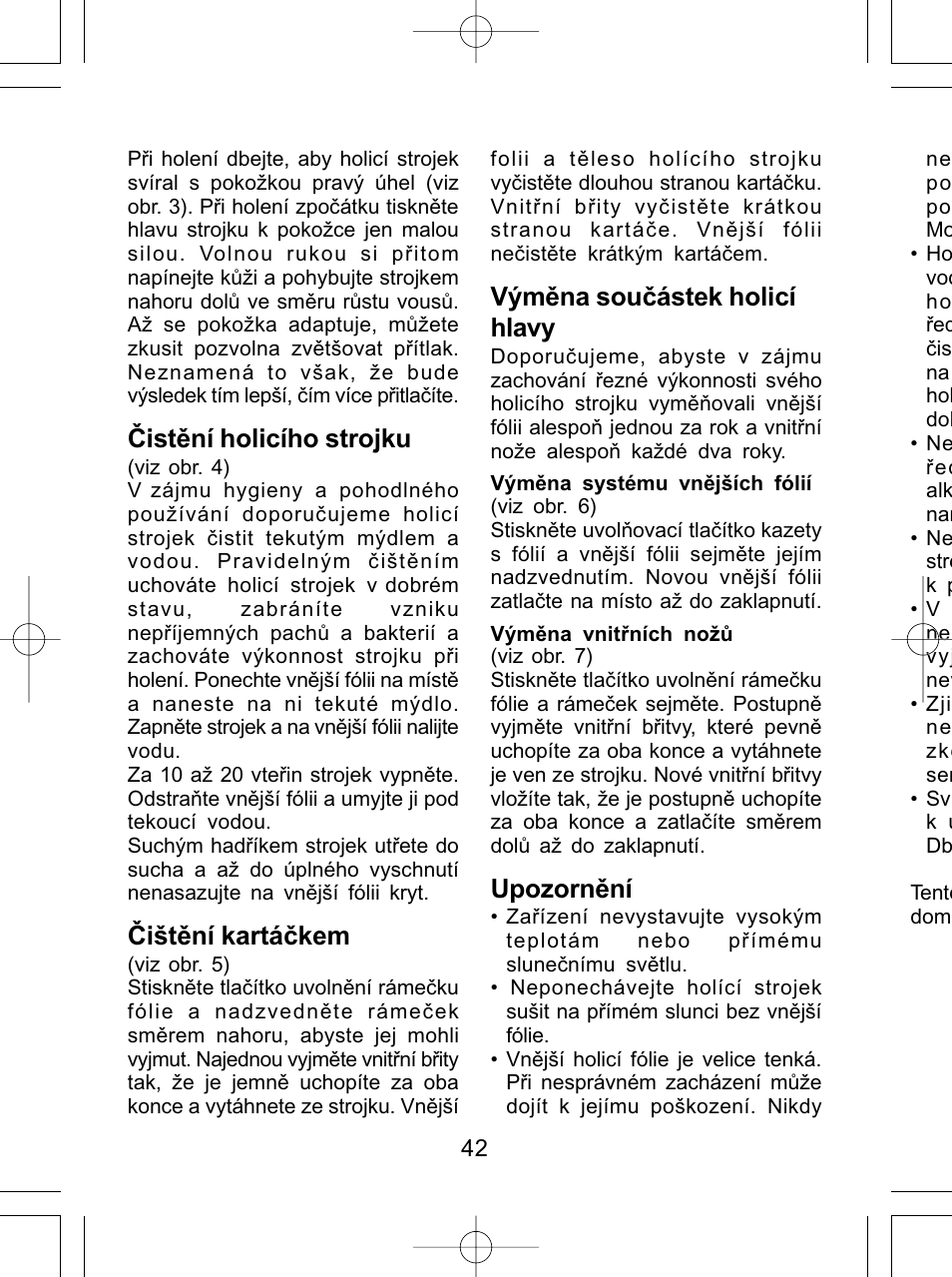 Čistění holicího strojku, Čištění kartáčkem, Výměna součástek holicí hlavy | Upozornění | Panasonic ES4815 User Manual | Page 42 / 60