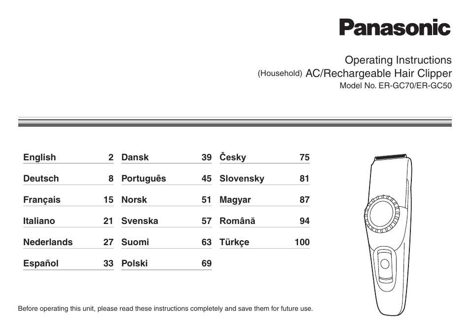 Panasonic ERGC70 User Manual | 120 pages