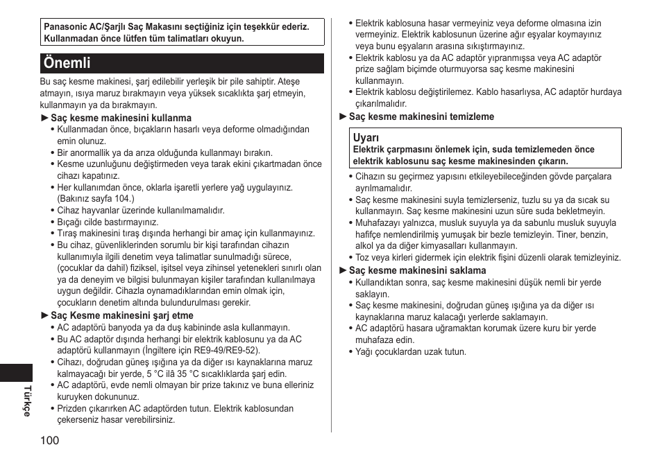 Önemli | Panasonic ERGC70 User Manual | Page 100 / 120