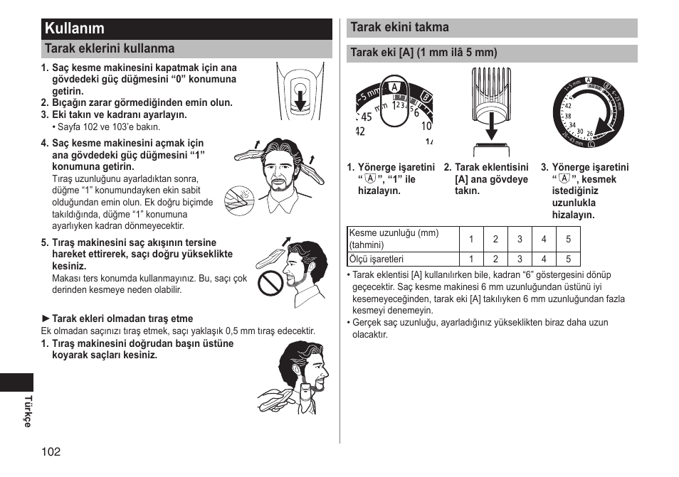 Kullanım, Tarak ekini takma, Tarak eklerini kullanma | Panasonic ERGC70 User Manual | Page 102 / 120