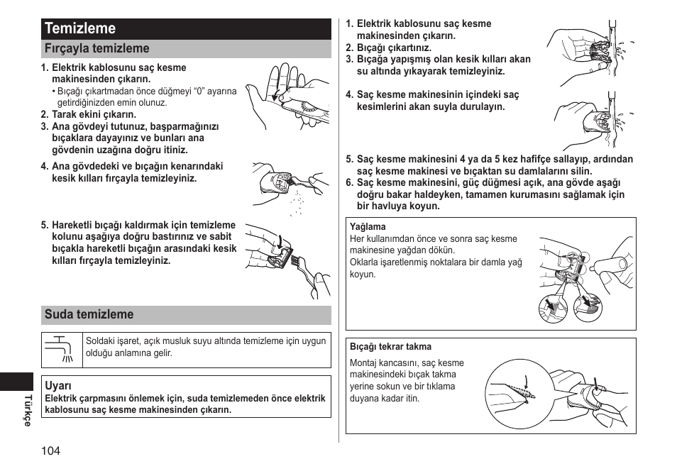 Temizleme, Fırçayla temizleme, Suda temizleme | Panasonic ERGC70 User Manual | Page 104 / 120