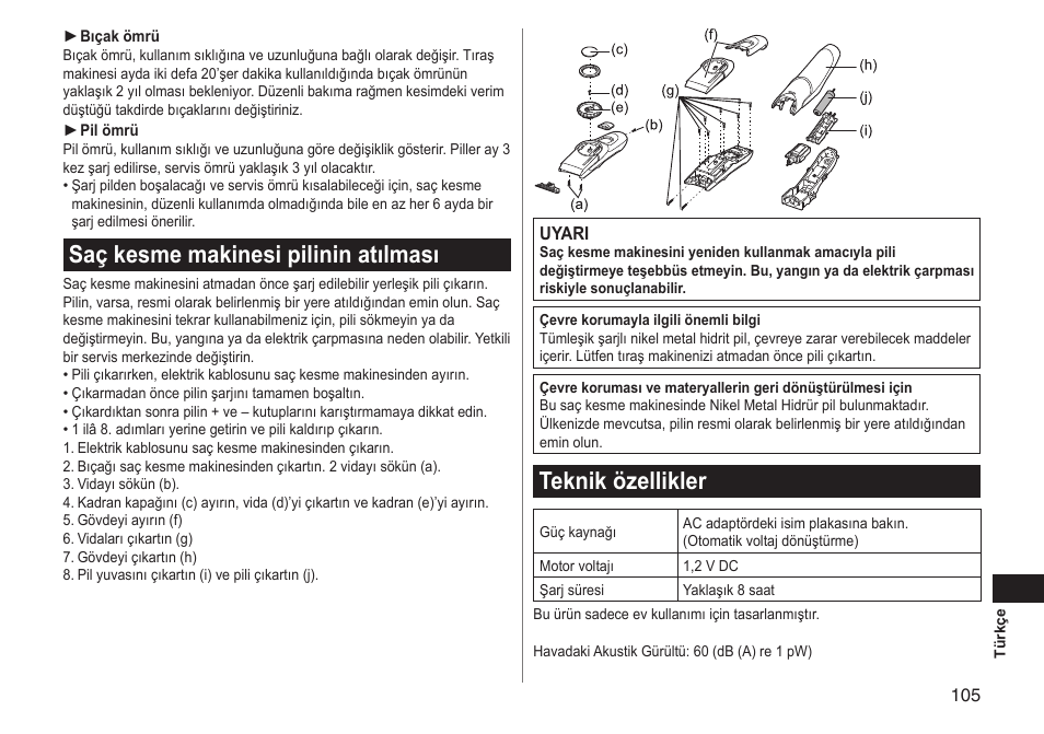 Saç kesme makinesi pilinin atılması, Teknik özellikler | Panasonic ERGC70 User Manual | Page 105 / 120