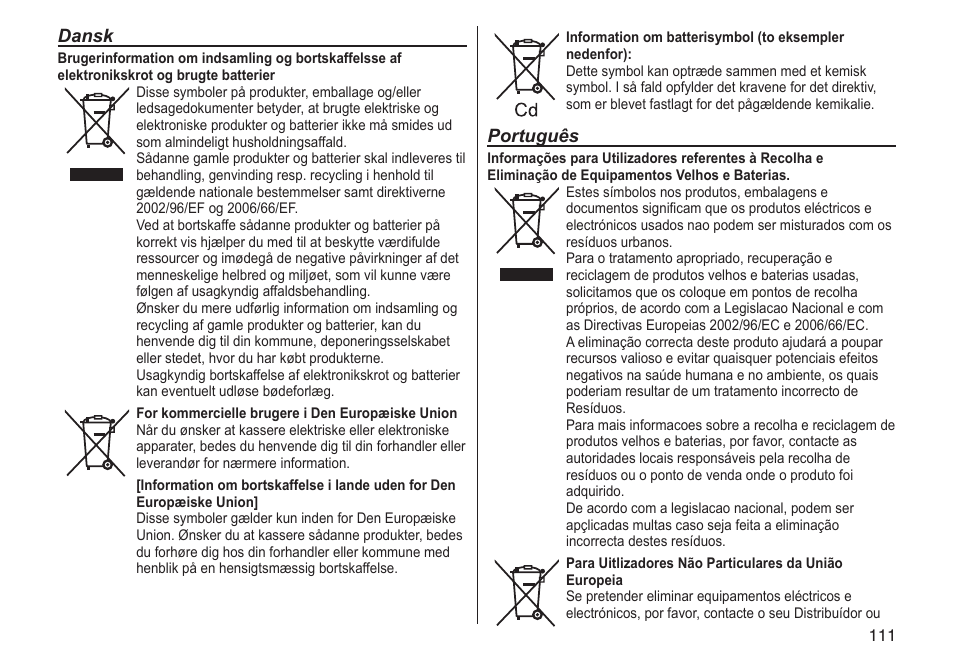 Dansk, Português | Panasonic ERGC70 User Manual | Page 111 / 120