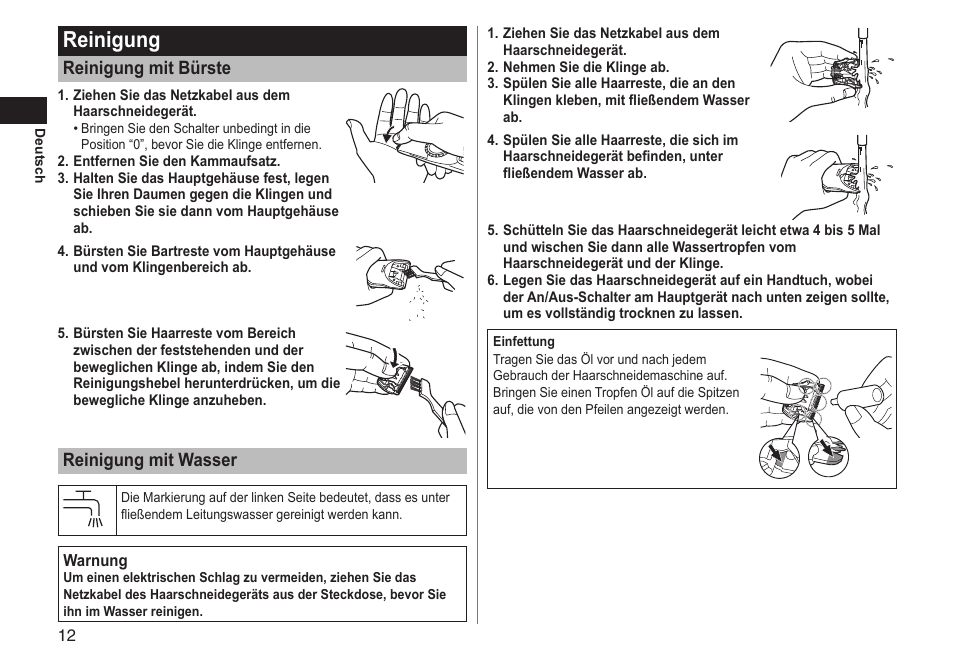 Reinigung, Reinigung mit bürste, Reinigung mit wasser | Panasonic ERGC70 User Manual | Page 12 / 120