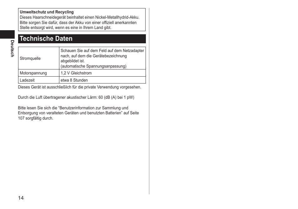 Technische daten | Panasonic ERGC70 User Manual | Page 14 / 120