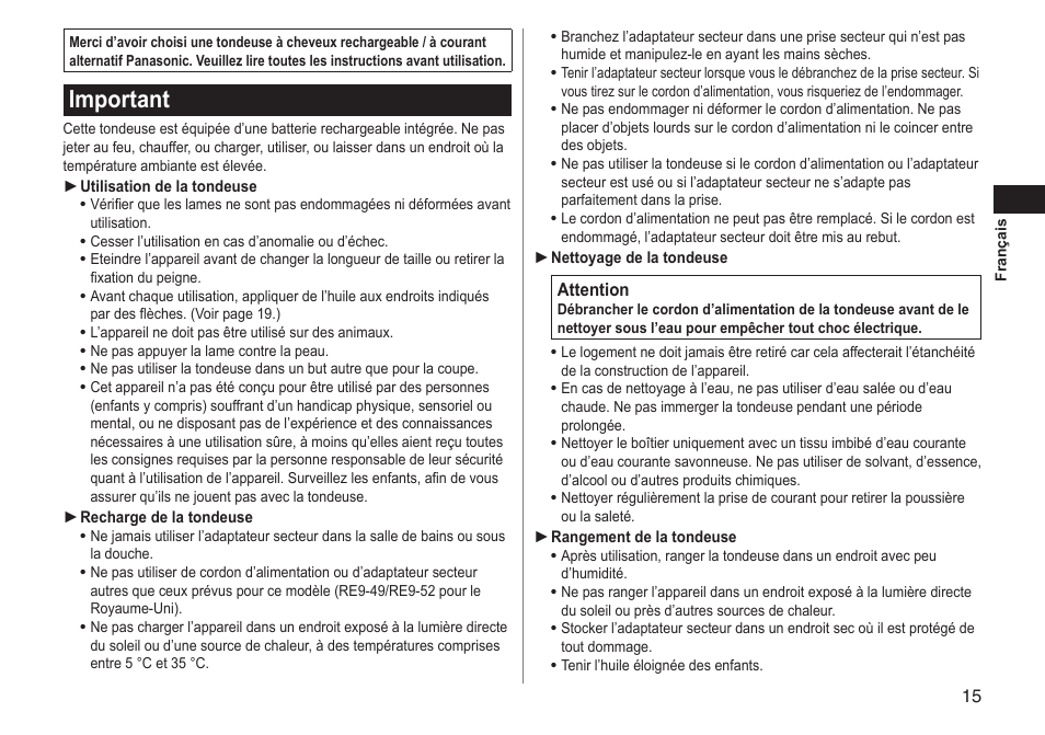 Important | Panasonic ERGC70 User Manual | Page 15 / 120