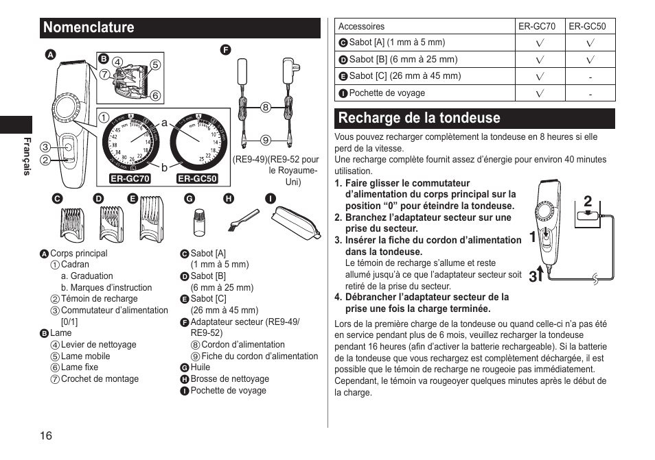 Nomenclature, Recharge de la tondeuse | Panasonic ERGC70 User Manual | Page 16 / 120