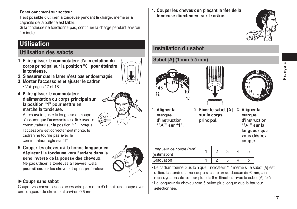 Utilisation, Installation du sabot, Utilisation des sabots | Panasonic ERGC70 User Manual | Page 17 / 120