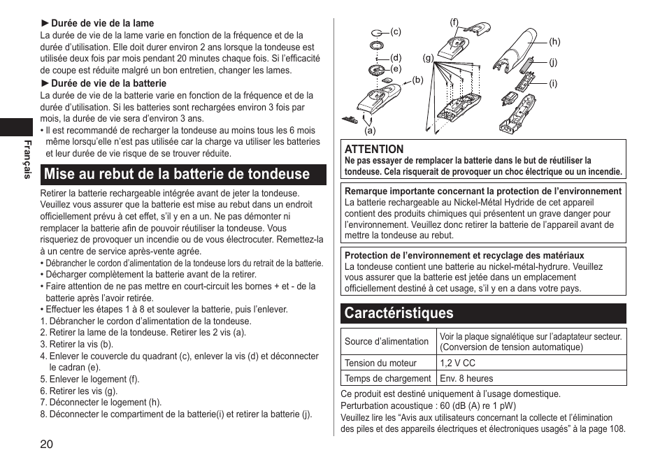 Mise au rebut de la batterie de tondeuse, Caractéristiques | Panasonic ERGC70 User Manual | Page 20 / 120