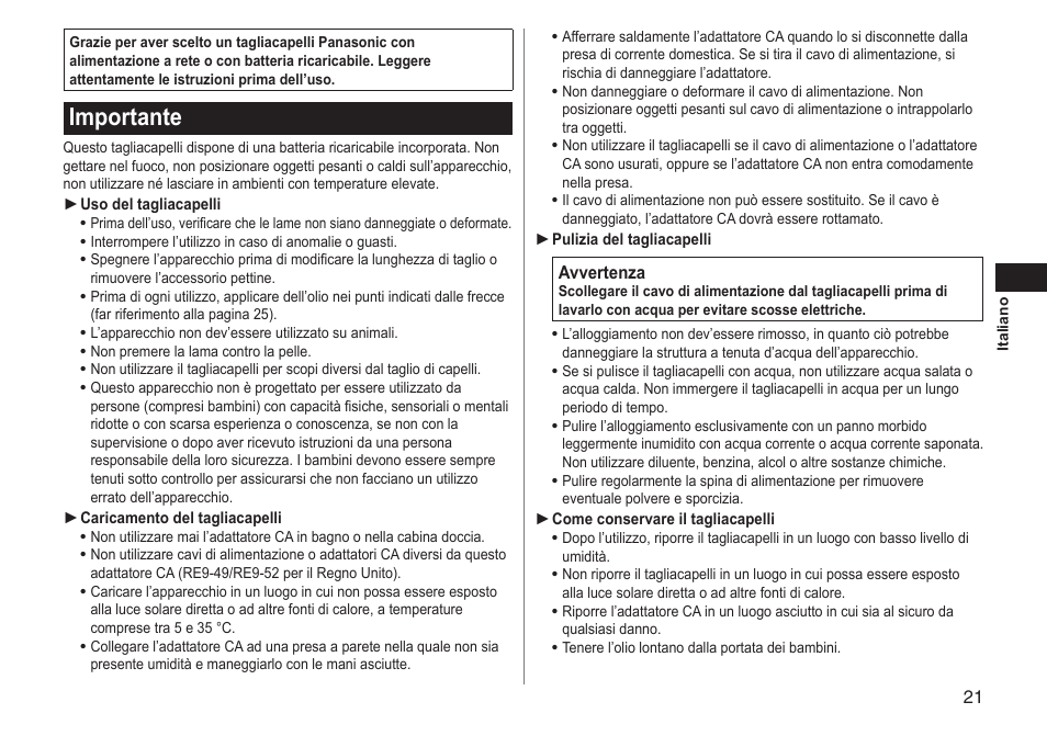 Importante | Panasonic ERGC70 User Manual | Page 21 / 120