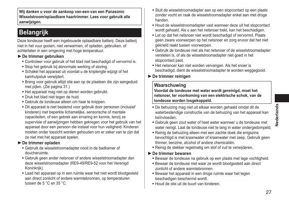 Belangrijk | Panasonic ERGC70 User Manual | Page 27 / 120