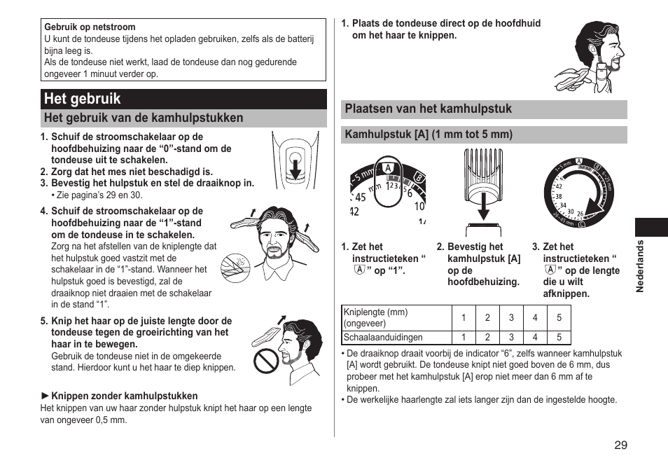 Het gebruik, Plaatsen van het kamhulpstuk, Het gebruik van de kamhulpstukken | Panasonic ERGC70 User Manual | Page 29 / 120