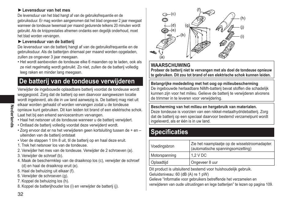 De batterij van de tondeuse verwijderen, Specificaties | Panasonic ERGC70 User Manual | Page 32 / 120